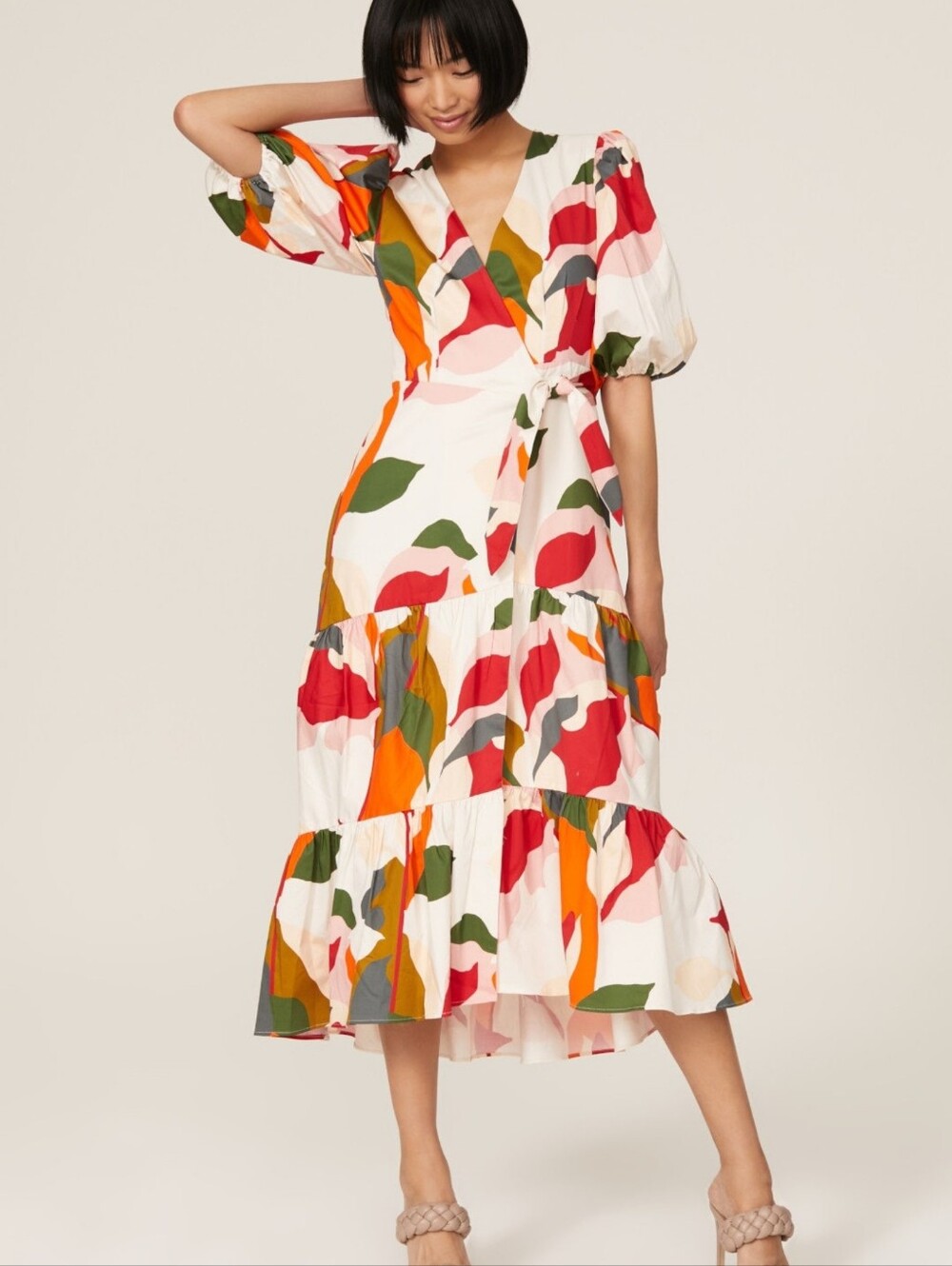 Hutch Womens Marisol Wrap Dress Tiered Puff Sleeve Midi Cotton Dress Size Small
